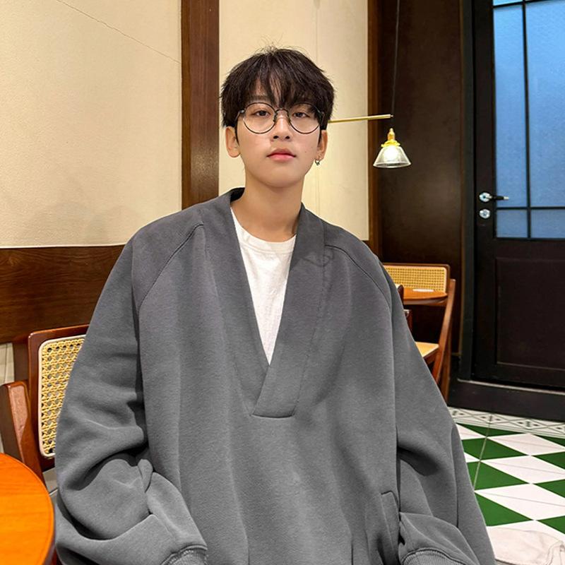 Vintage V Neck Loose Fit Pullover Sweatshirt For Men Women Winter Casual