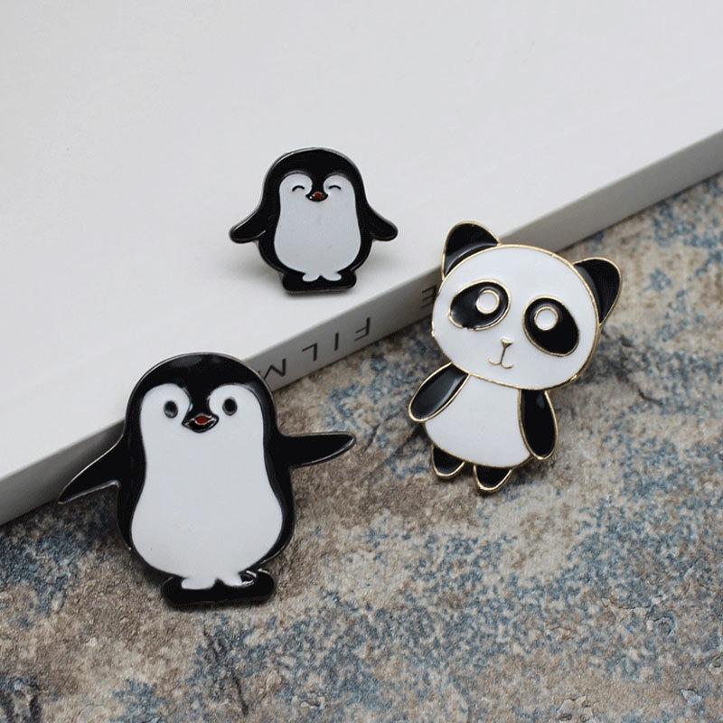 Cross-border Black & White Design: Cute Panda & Silly Penguin Brooch for Denim Jacket
