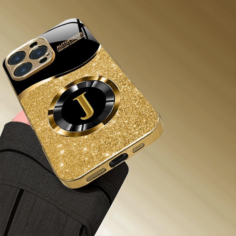 Shining Letter J Pattern Gold Metallic Paint Glass Phone Case For iPhone 17 Pro Max 16 15 14 13 12 11 17Air 15 14 Plus 16E Cover