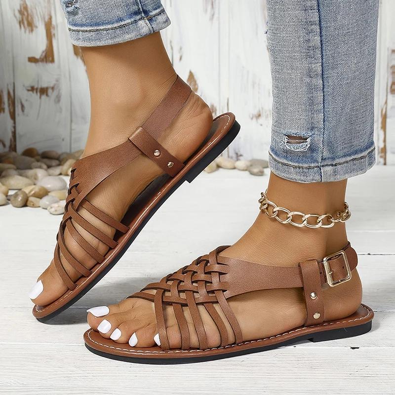 

Fashion Retro Pu Leather Flat Sandals Women 2025 Summer Buckle Gladiator Sandals Woman Plus Size 43 Lightweight Non Slip Beach Shoes 36 коричневый