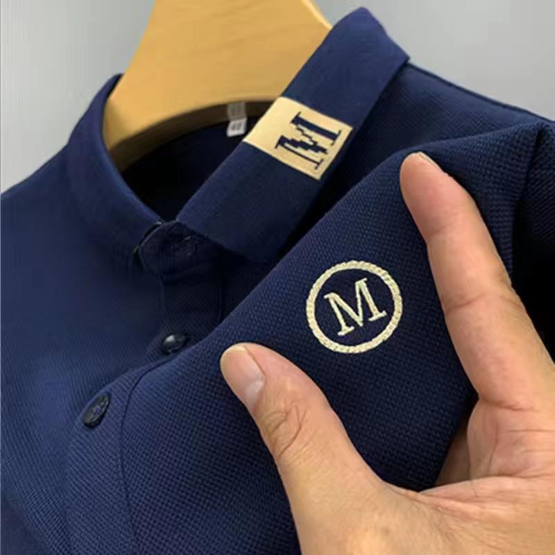 Embroidered Busin Men's  Irt Ice Silk Cool Modal Ort Sve T-irt Faionable Turn-down Collar Summer Top