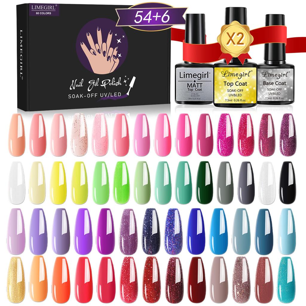 8ml Nail Gel Polish Kit 60pcs Full Set Box Glossy Long-lasting UV Gel Base Top Coat
