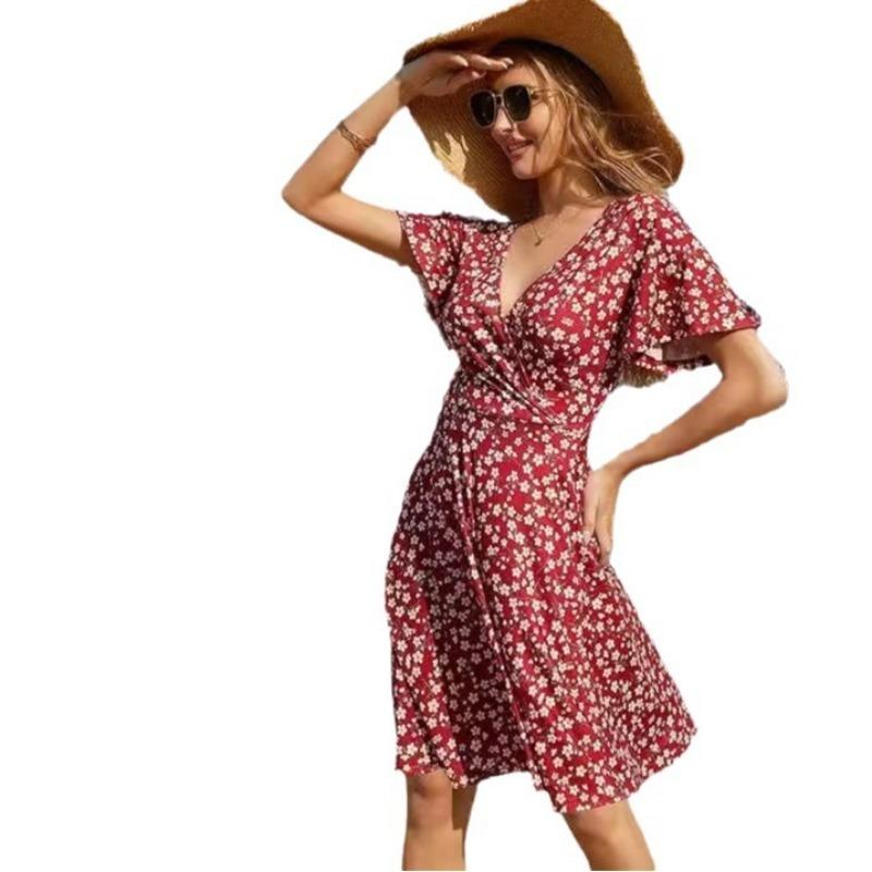 Fashion Women Summer Short Sleeved Floral Dress V-neck A-line Party Holiday Medium and Long Dresses Elegant Printed Simple Women's Clothing