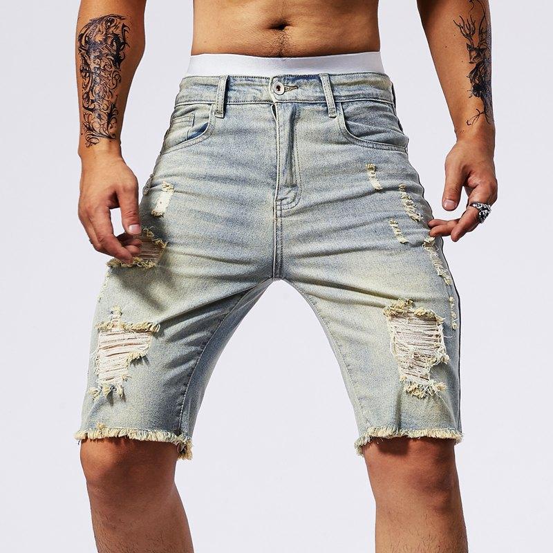 Summer Ripped Jeans Men Stretch Denim Shorts Male Short Jeans Slim Straight Shorts Fashion Black Jeans Man