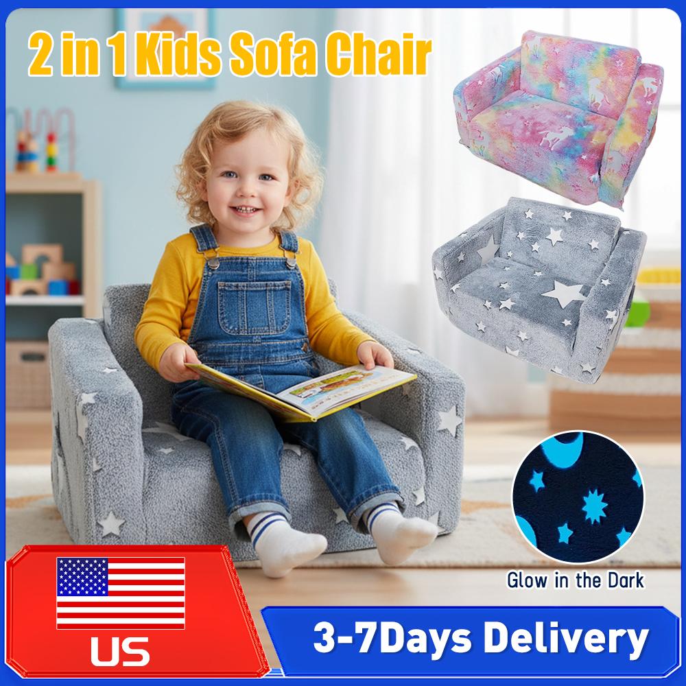 Folding Convertible Toddler Sofa Chair Glow In Dark 2 In 1 Plush Foam Couch Lazy Seat for Kids Playroom Bedroom Infant Toddler