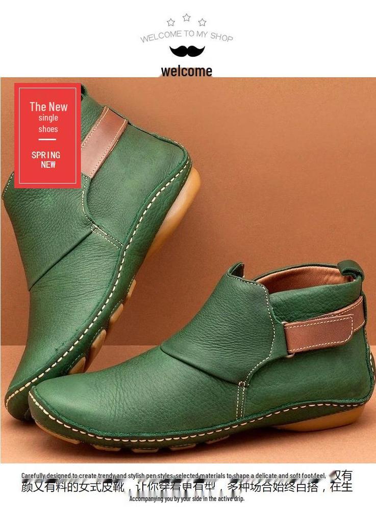 Women's Pointed Toe Leather Pull-on Casual Boots, Low Heel, Warm and Stylish.