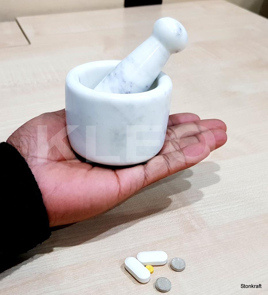 KLEO 2.5" Diameter White Marble Stone Mortar and Pestle Set for Spices, Medicine Pills, and Pills - Small Size