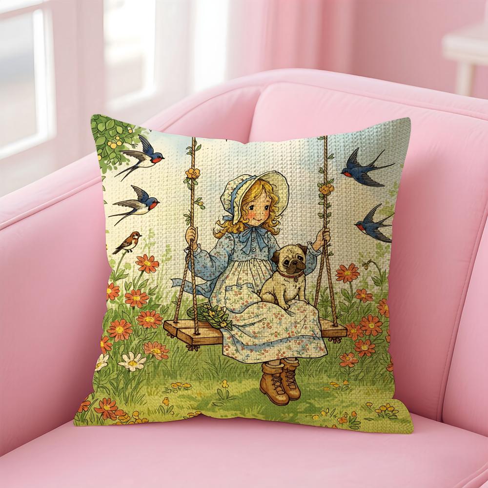 Art Sarah Kay Swing Girl Cushion Cover Natural Linen Pillow Case DoubleSided Print Decorative Sofa Pillowcase Home Decor Gift