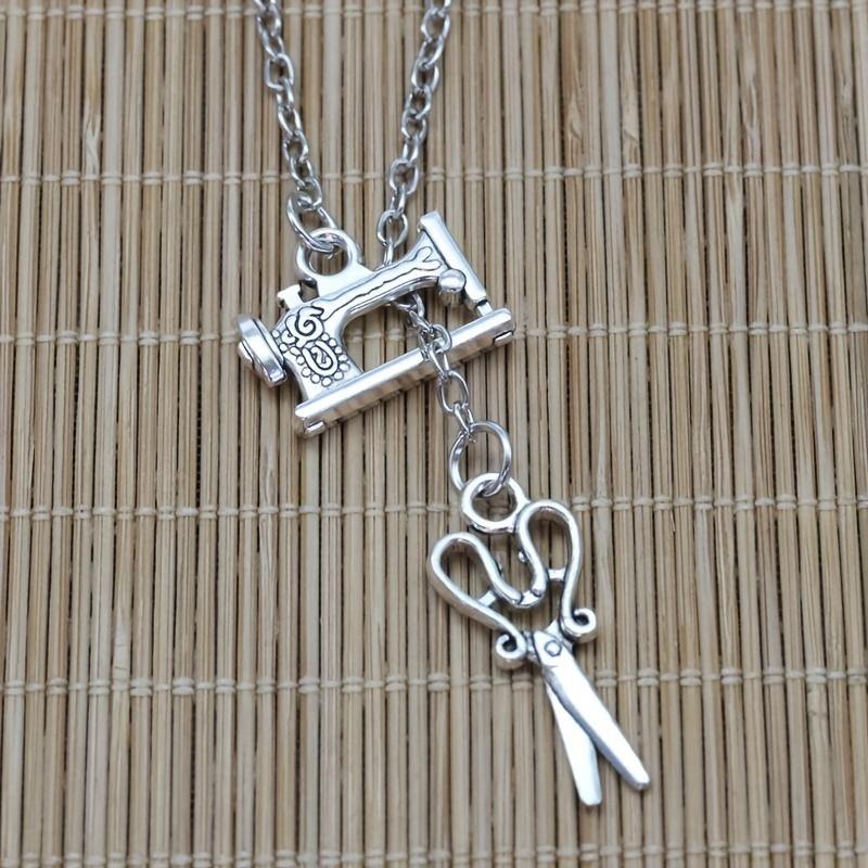 Vintage Mini Sewing Machine Scissors Pendant Necklace Gothic Halloween Party Jewelry