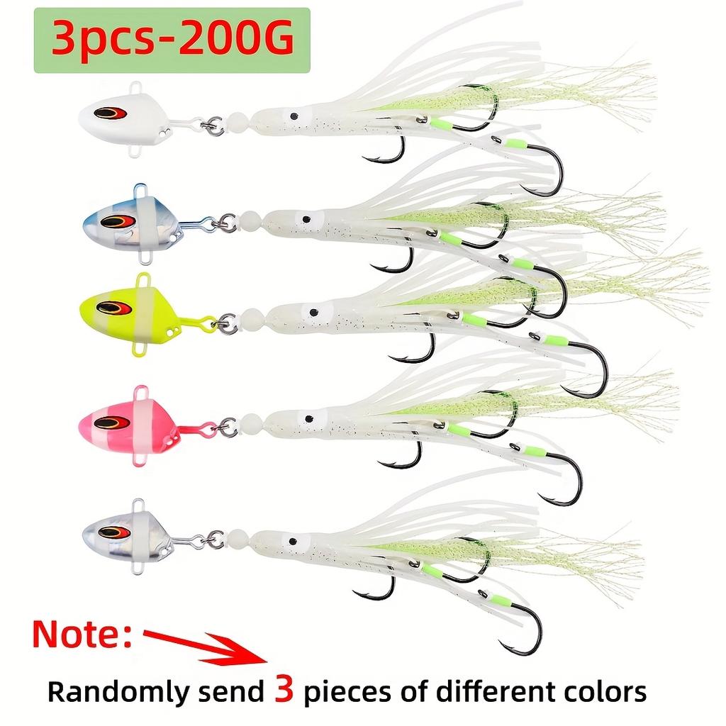3pcs 100-300g Glow Slow Pitch Jigging Lure Squid Skirt 3 Hooks Saltwater Fishing Bass Trout Catfish Offshore Deep Sea Luminous