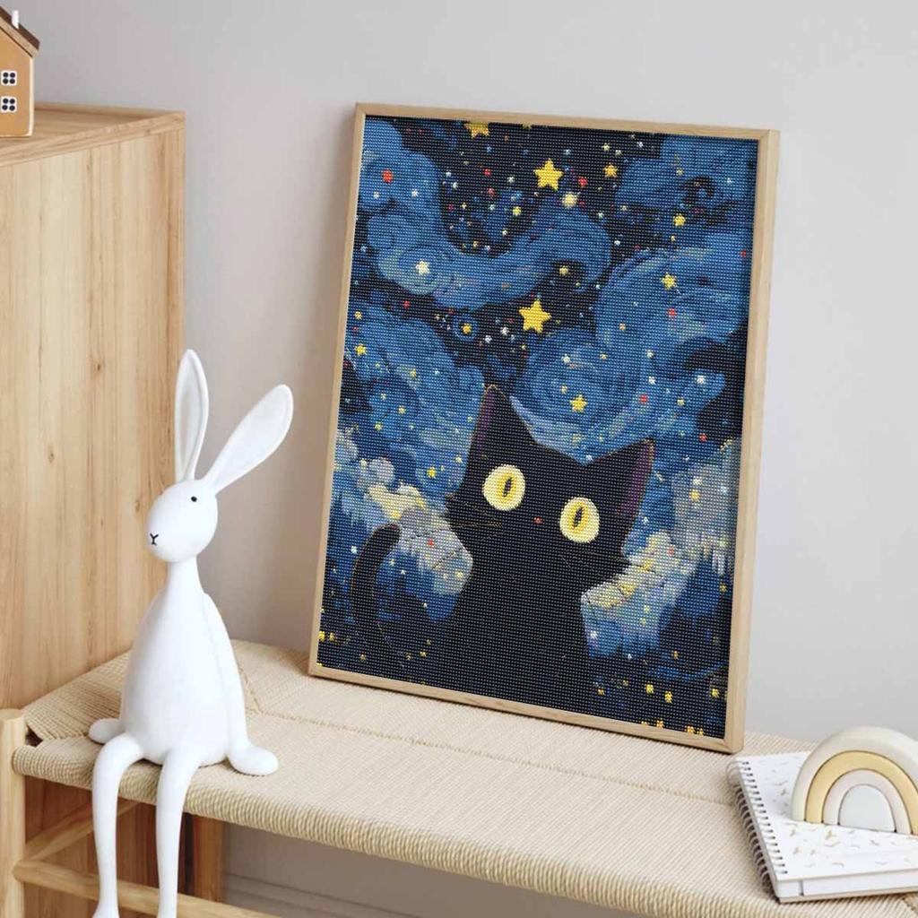 Diamond Painting Kit. Full Diamond Round Mosaic Black Cat Starry Sky. Handmade Home Decoration Gift
