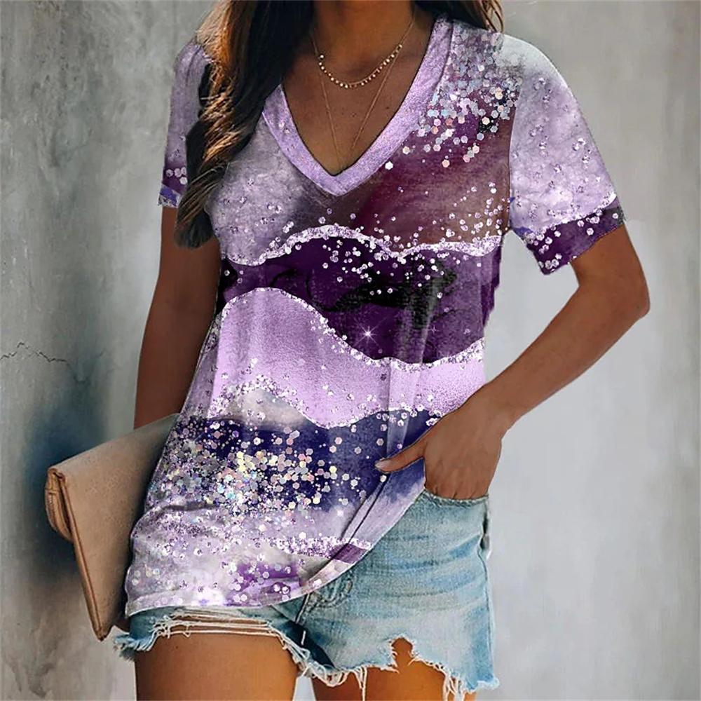 

Fashion V-Neck Short Sleeve Colorful Tassels Print T-Shirts Summer Casual Elegant Women s Large Size T-Shirts 4XL