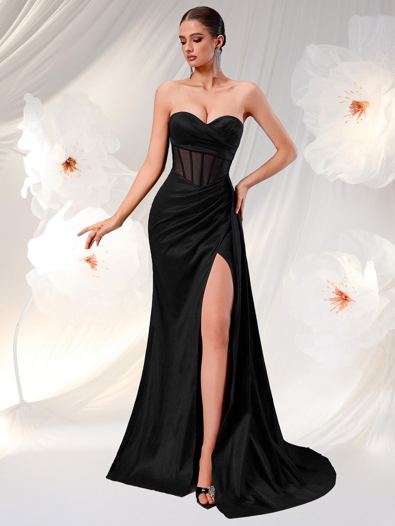 Elegant Strapless Slim Evening Gown with High Slit and See-Through Accents Extra Small чёрный