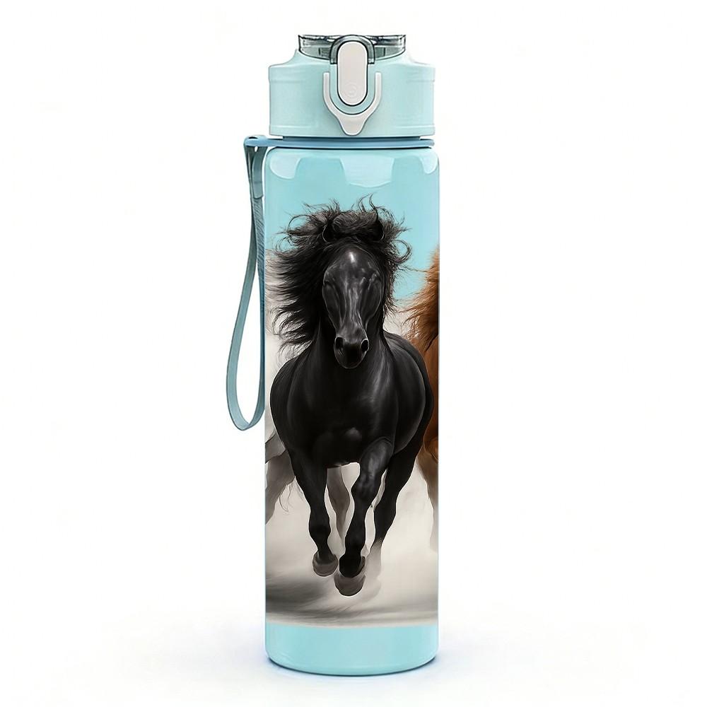 1PC Multiple Horses Running Scene Print 750ml Color Plastic Sports Water Bottle Leakproof Flip Straw Lid Suitable for Sports Office Home Use