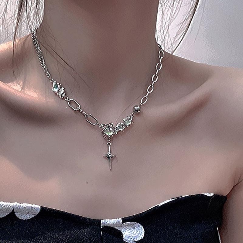 Kpop Zircon Cross Star Beaded Necklace Men Imitation Pearl Star Pendant Necklaces Y2K Hiphop Star Tassel Choker Necklace Unisex