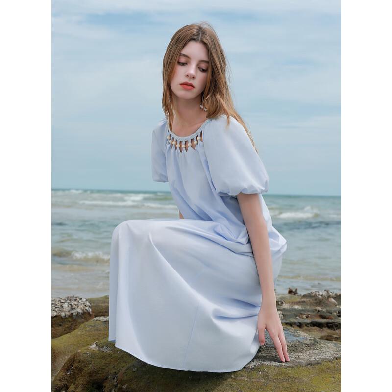 Sancai 2025 Summer Hollow Out Shirred A-Line Maxi Dress