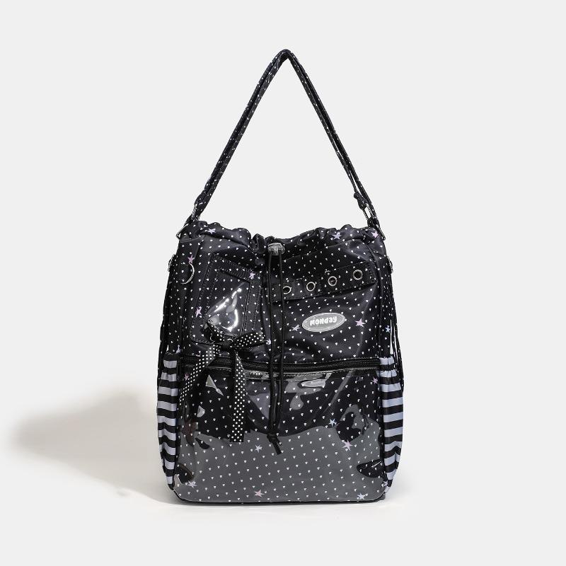 Y2k Ita Bag Large Capacity Tote Bag Star Dot Print Japanese Backpack Girl Srtiped Pocket Drawstring College Student Shoulder Bag