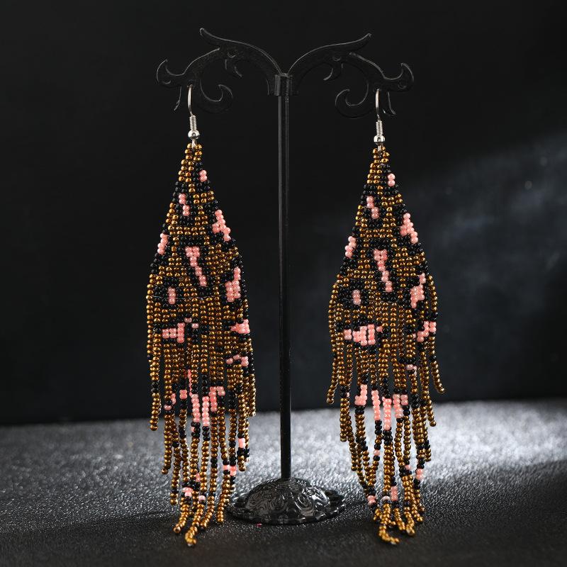 Popular Handmade Rice Beads Leopard Print Series Fringed Earrings Women's Personality Temperament Long Earrings Bohemian Tide