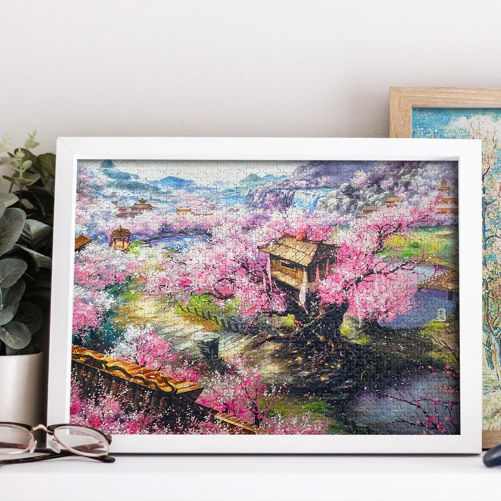 MISITU Micro Piece Jigsaw Puzzle, 1000 Pieces, Landscape Painting, Cherry Blossoms, Cherry Blossom Trees, Nature, Shangri-La, Cherry Blossom Villa,