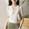 Knitted Short Sleeved T-shirt for Women White Tencel Lace Up Bow Top