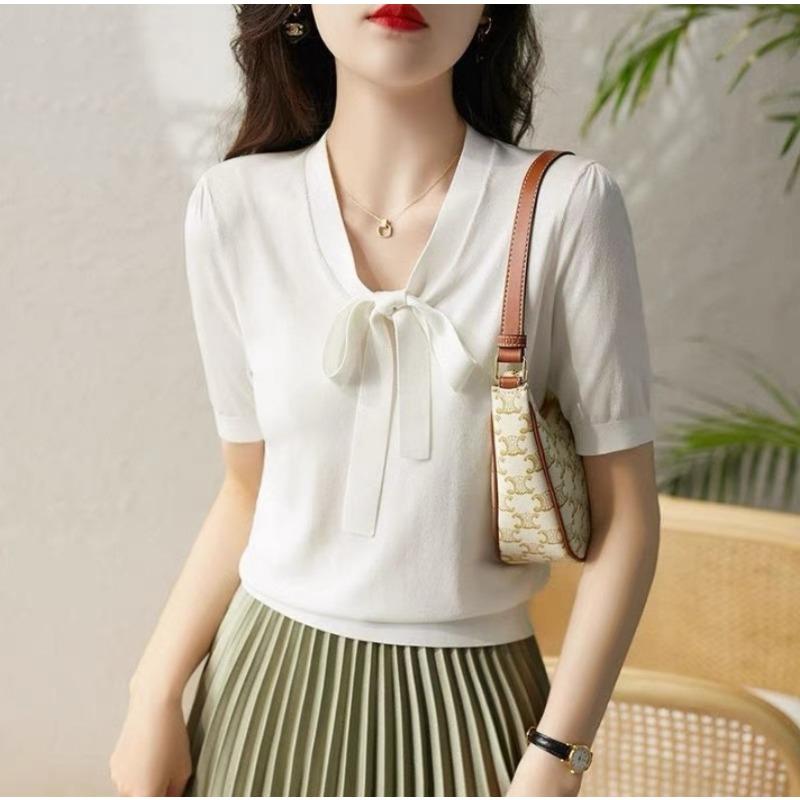 Knitted Short Sleeved T-shirt for Women White Tencel Lace Up Bow Top