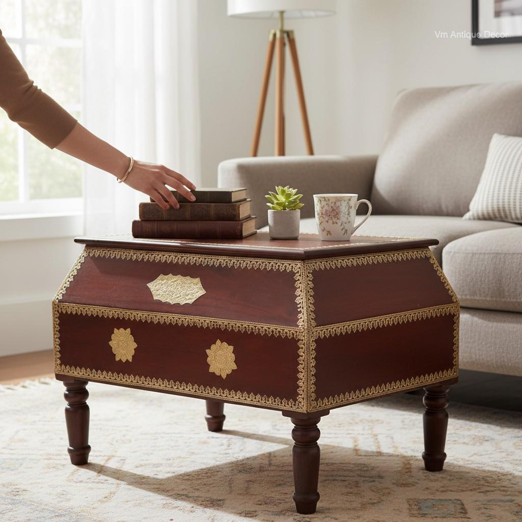 Handicrafted Solid Wooden Trunk Chest Coffee Table with Intricate Brass Embossed Detailing , Brass Inlay Storage Chest Box for Living Room