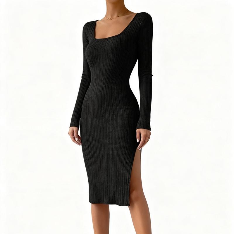 Women Long Sleeve Square Neck Form-fitting Slit Dress Knee Length Solid Color Dress XL