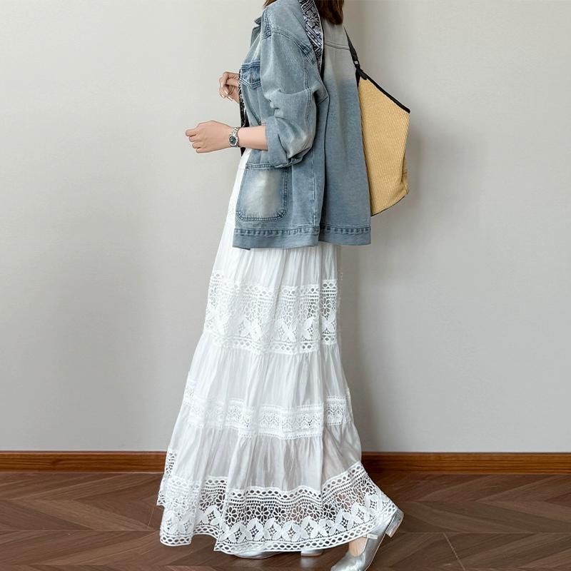 Dimanaf Jupes d'été 2025 pour femmes, nouvelles jupes en dentelle florale, vintage, élastiques, plissées, élégantes, blanches, taille haute