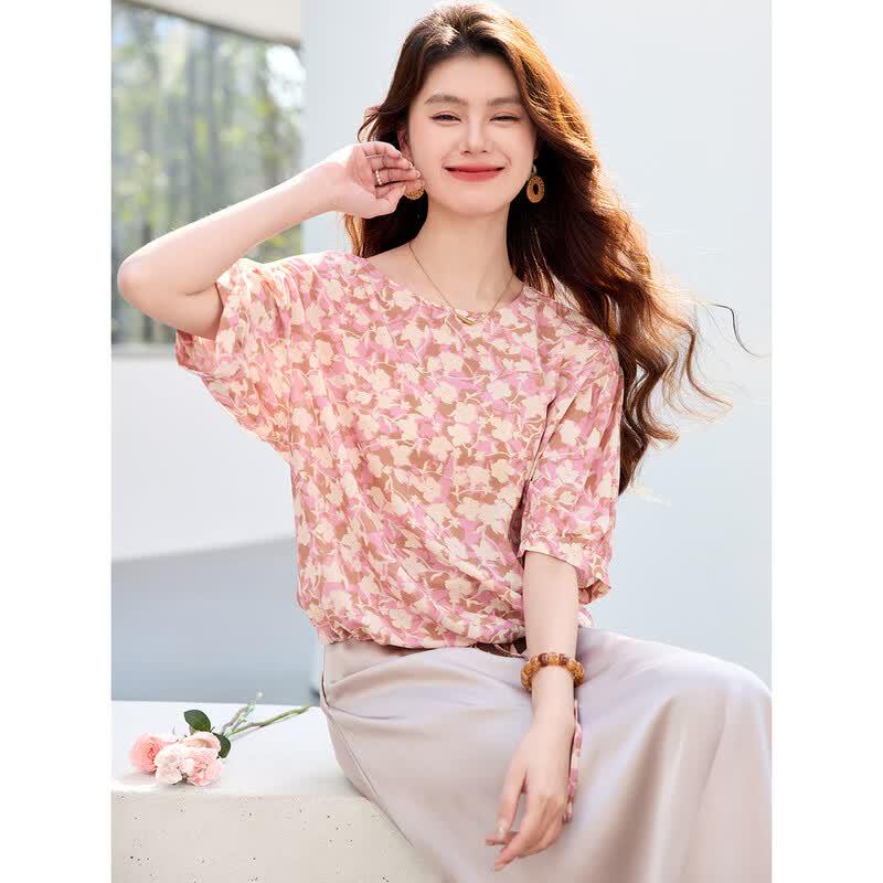 Sanpowa Women s Floral Print Round Neck Mid-Sleeve Blouse XL