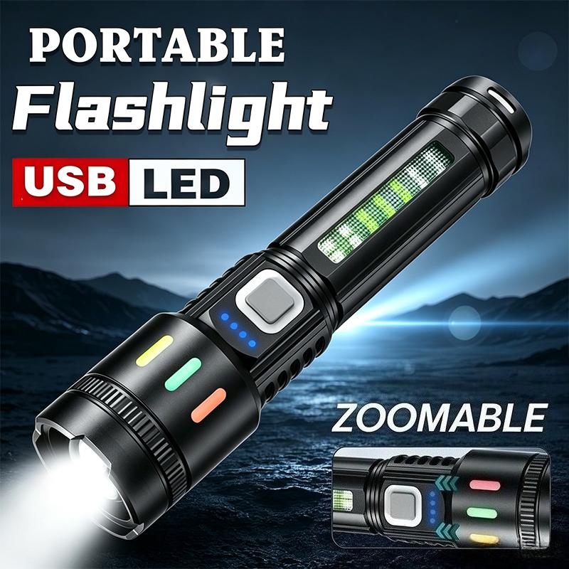 High Power LED Handheld Flashlight with Power Display, Strong Light & Side Light, Bright Torch for Camping, Hiking and Outdoor Emergency Use