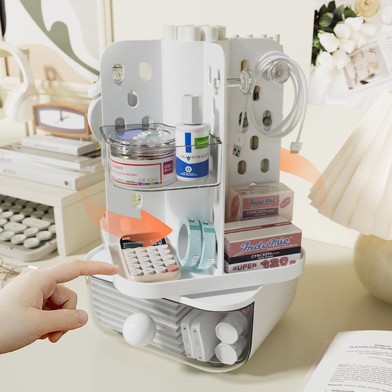 Desktop Hole Board Storage Box Rotating Jewelry Shelf Multi-Function Student Organization Stationery Box Drawer Plastic