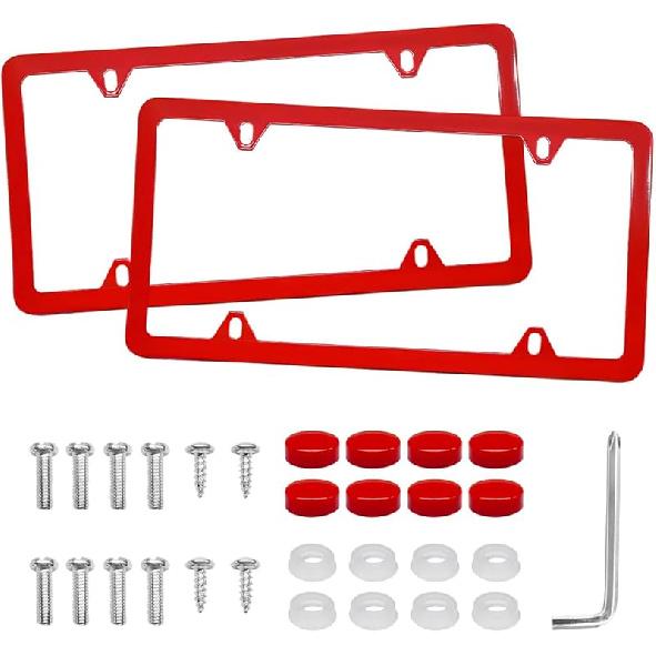 2 PCS Car License Plate Frames, 4 Holes Stainless Steel Auto Tag Holder with Screws Washers Caps, Rustproof Universal Front Rear License Plate Cover