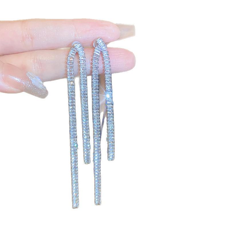 Silver Needle Korean Style Shiny Zirconia Square Tassel Earrings - Light Luxury, High-End Studs, Fashionable and Exquisite for Women