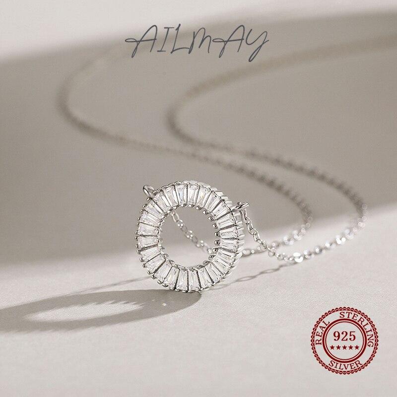 Ailmay Sparkling Clear Zircon 925 Sterling Silver Round Pendant Necklace For Women Wedding Engagement Fine Female Jewelry