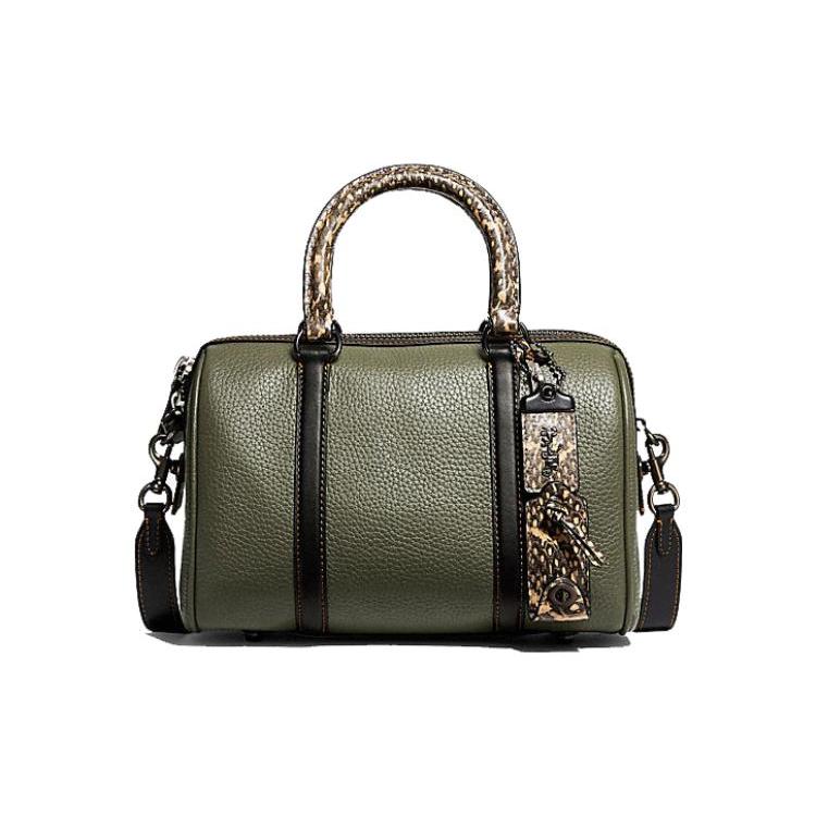 New COACH Pebbled Leather With Snake Leather Boston Bag Handbag Shoulder Bag Crossbody Bag Medium Size Women's Army Green C8533-V5PC0