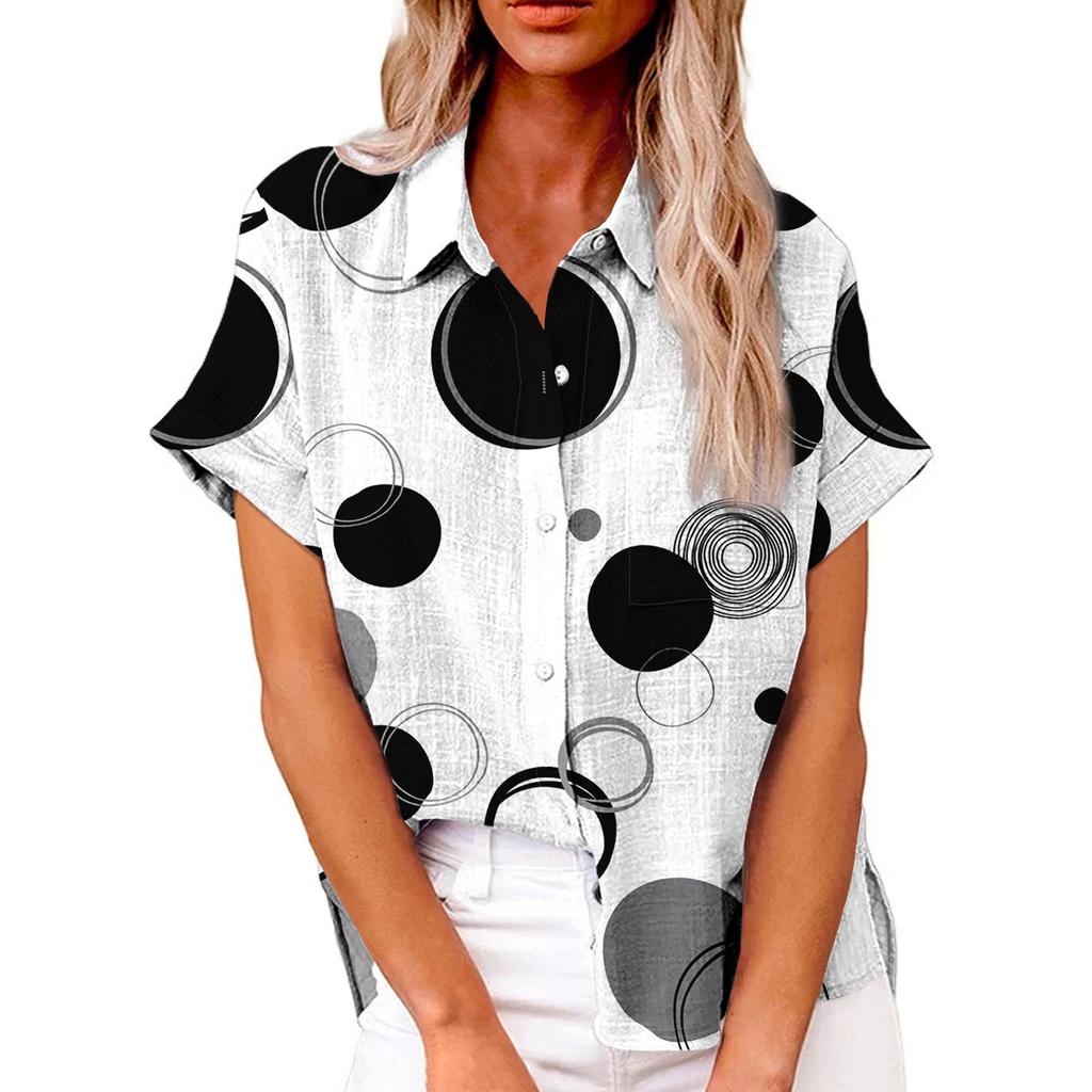 Women's Fashion Loose Casual Short Sleeve Lapel Button Down Shirt Printed T-Shirt Top