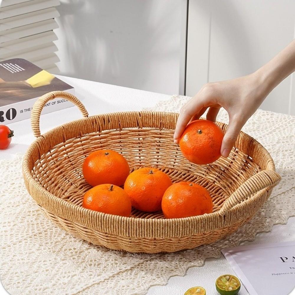 New Round Shape Rattan Basket with Handle Handwoven Storage Tray Portable Multi-purpose Storage Basket Tabletop Display