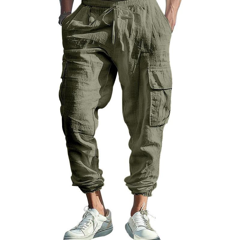 Mens Multi Pocket Cargo Jogger Pants Drawstring Waist Casual Trousers