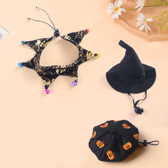 Yousheng Halloween Witch Hat And Bib Scarf Set Skull Spider Web Pattern Pet Collar with Bell And Witch Hat/Pumpkin Beret Hat Set for Small Dogs And