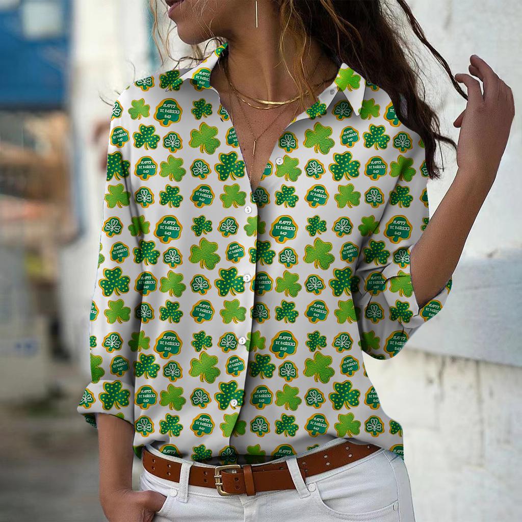 Bluză de damă cu imprimeu de trifoi, primăvară și toamnă, pentru birou, cu nasturi și guler răsturnat