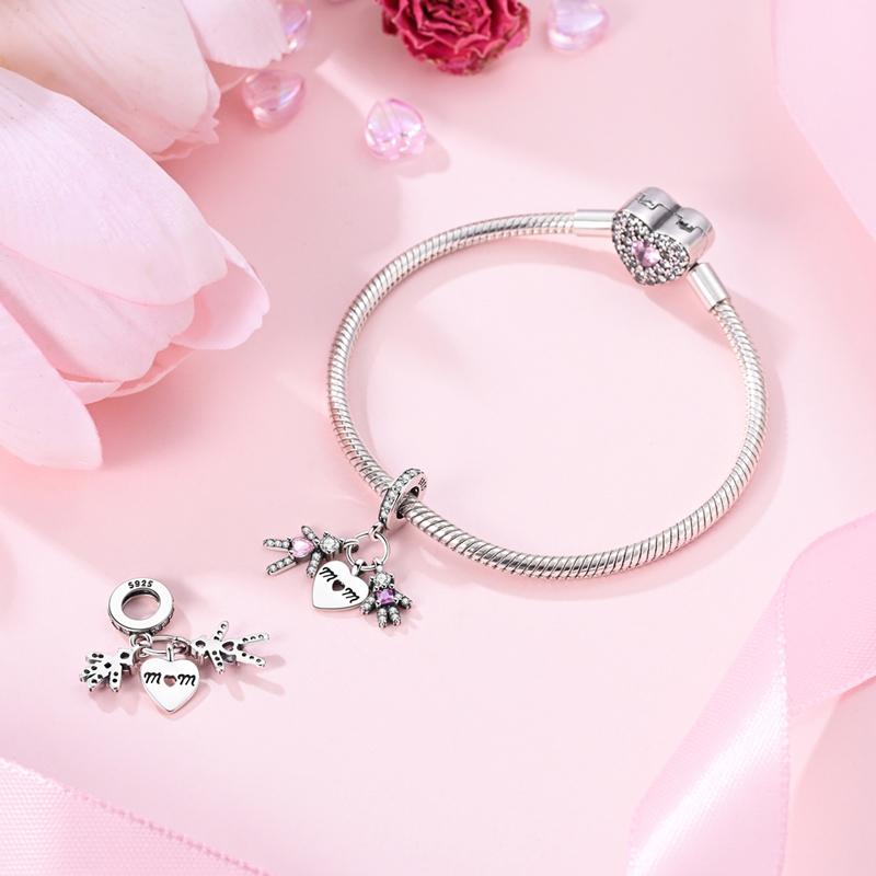Charms Plata Parent-Child Heart-Shaped Pendants Beads Fit Original Bracelets Charms For Women Jewelry Diy Making Gifts