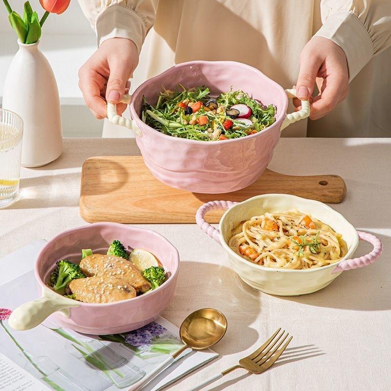 Ins Color Matching Advanced Sense Ceramic Handle Bowl Baking Bowl Atmosphere High Value Instant Noodle Bowl Salad Fruit Yogurt Bowl