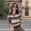 La Chapelle Women's Vintage Striped Polo Collar Knit Top