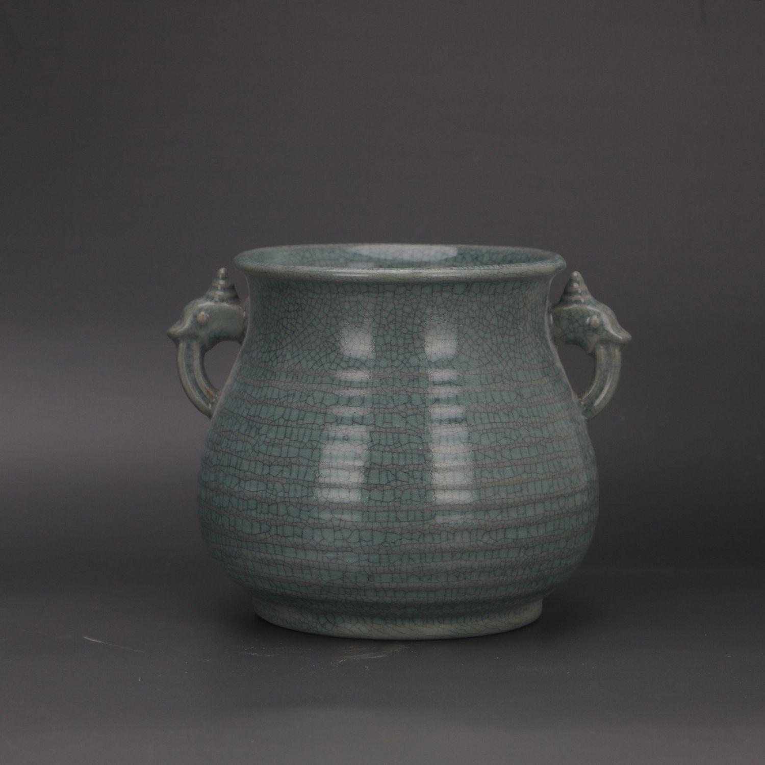 Song Dynasty Ru Kiln Celadon Double-Ear Dragon Incense Burner, Antique-Style Porcelain Collectible