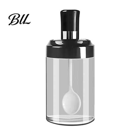 Integrated Spoon Seasoning Jar Spice with 250ml Glass Condiment Bottle Kitchen High Borosilicate for Salt Sugar Leak-Proof Container Lid One-hand B