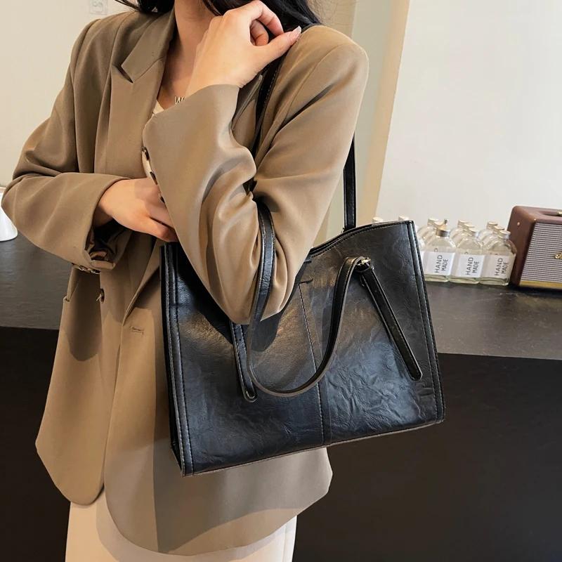 Fashion Solid Color PU Zipper Casual Tote Soft Simple Commuting Western Style Handbag  New Versatile Women's Crossbody Bag