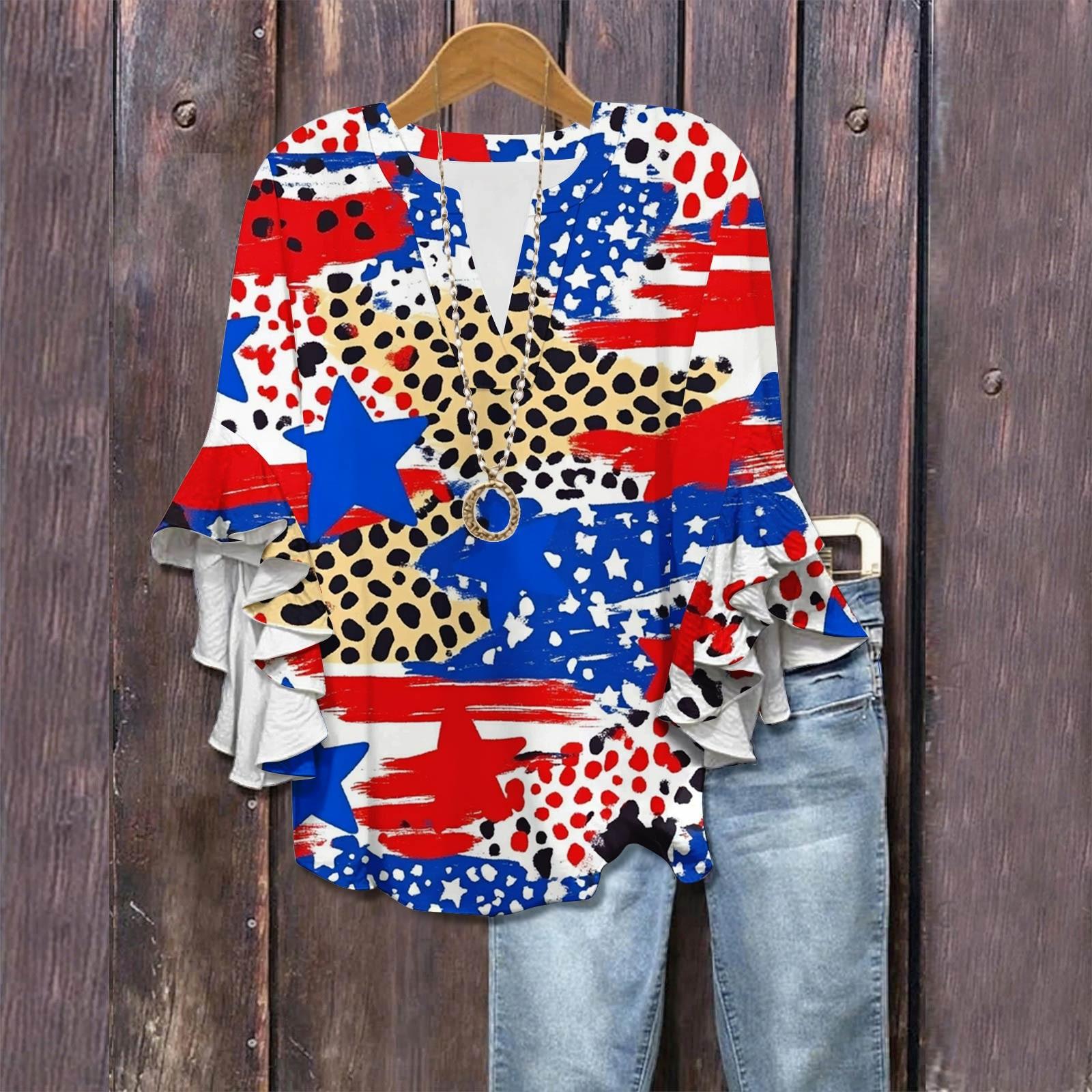 

Рубашки с рукавами 3/4 для женщин, симпатичные футболки с графическим принтом, блузки, повседневные, больших размеров, базовые топы с оборками на рукавах, пуловеры XXL синий