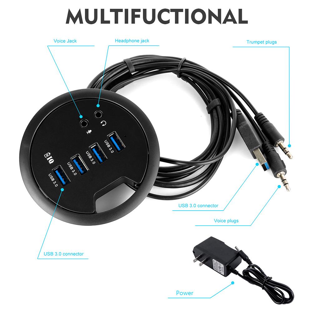 USB HUB Mount In Desk HUBs USB 3.0 HUB With Power Supply Adapter Headphone/Microphone Port For PC/Tablet USB 3.0 Splitter