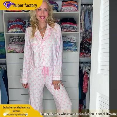 2025 Women's Bow Print Pajama Set - Long Sleeve & Pants Homewear