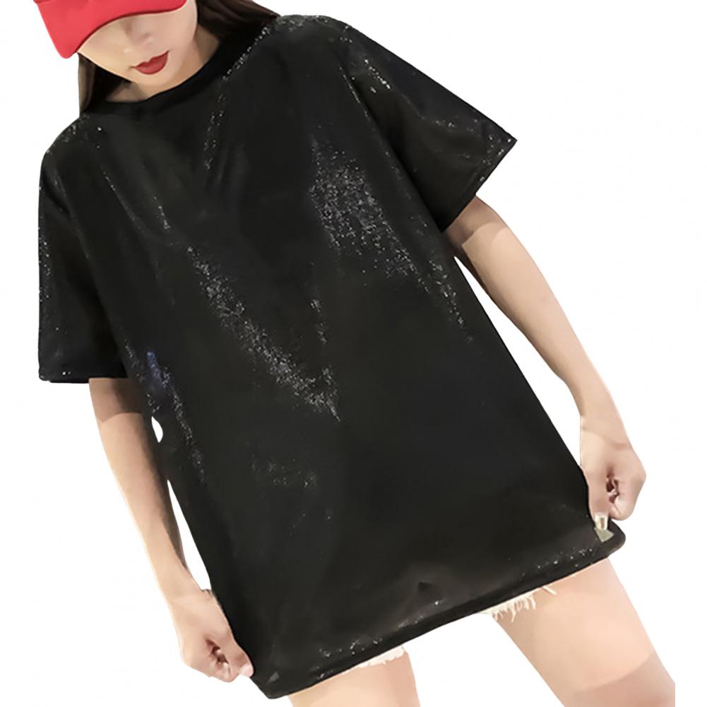 Summer Casual Tops Round Neck Short Sleeve Loose Fit Tee Shirt Glitter Mid-length Pullover Tops Streetwear